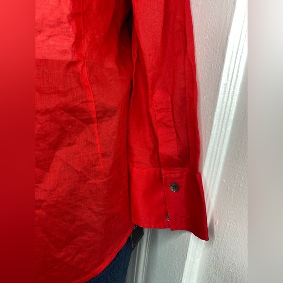 THEORY L Vibrant Sheer Red Button-Up Shirt - Picture 11 of 13